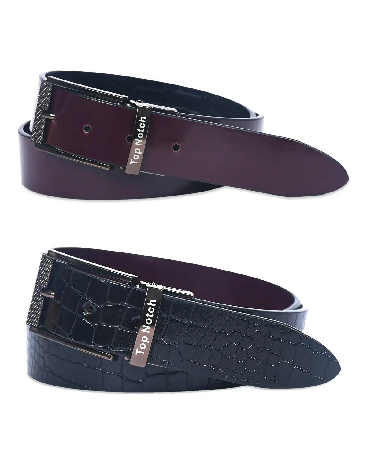 Top Notch Men's Reversible Italian Leather belt for men 1.25 inch (35mm) Waist Strap Black Croco/Maroon Belt (TP0012) Haq Fashion