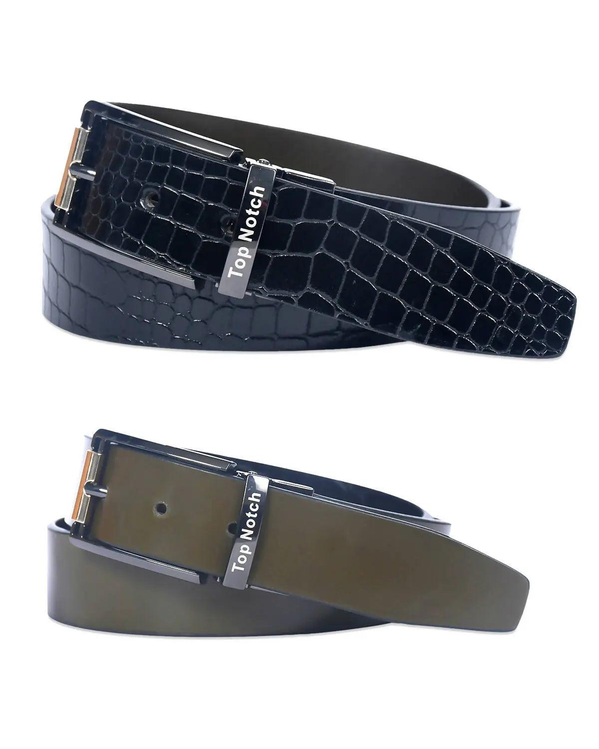 Top Notch Men's Reversible Italian Leather belt for men 1.25 inch (35mm) Waist Strap Black Croco/Olive Belt (TP0022) Haq Fashion